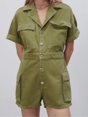 Zara Olive Short Sleeve Button Front Utility Cargo Romper Size S